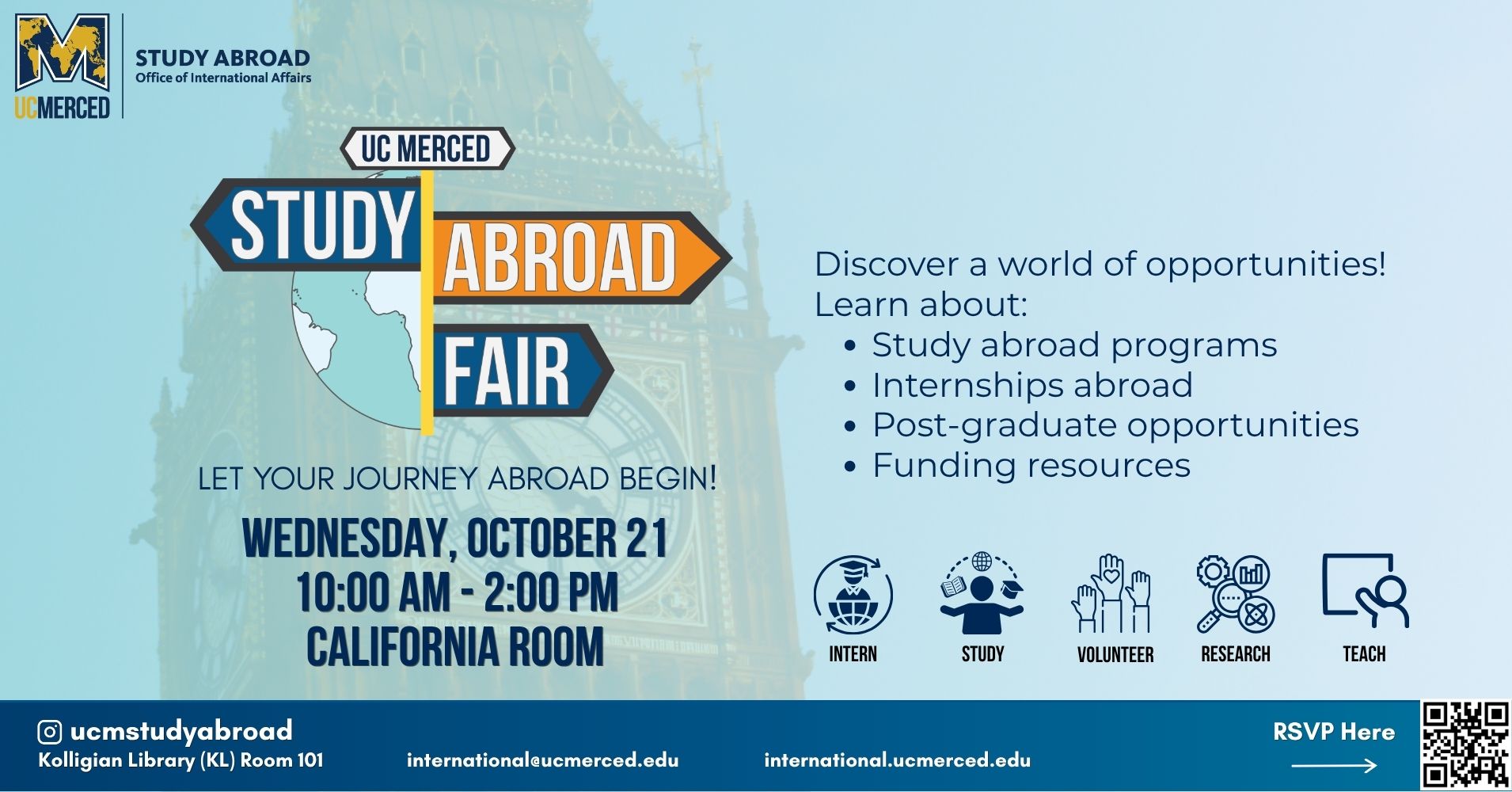 UC Merced Study Abroad Fair Flyer with event details including California Room location, 10AM-2PM, October 21