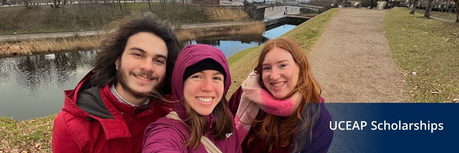 UCEAP Scholarships Header image with three students pictured abroad