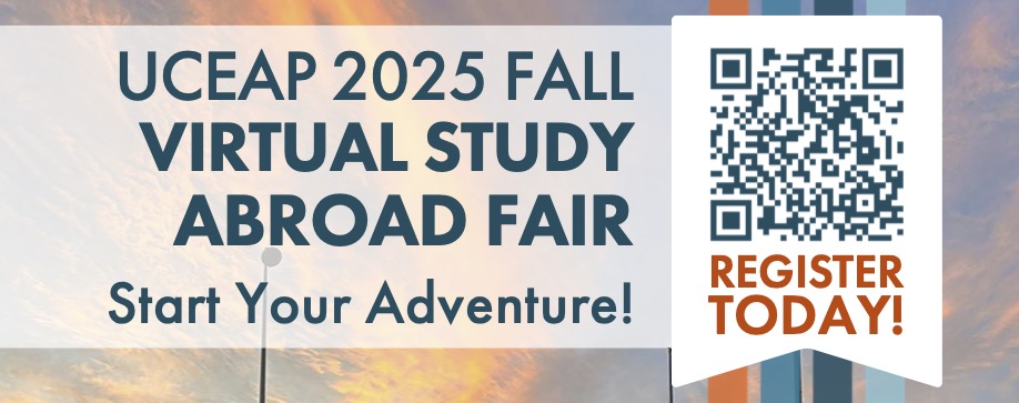 UCEAP Virtual Study Abroad Fair header with students posing in a stadium