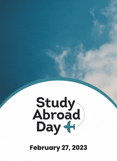Animated Study Abroad Day 2023 logo with an airplane flying from left to right