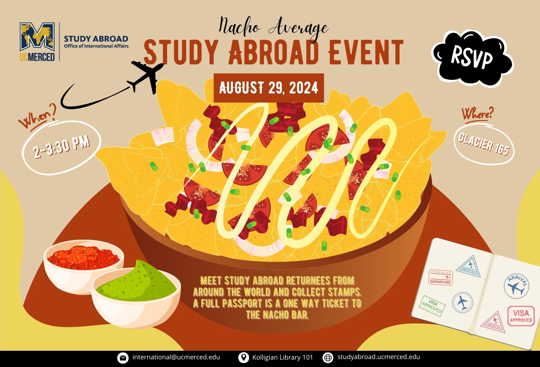 Bowl of nachos with salsa and a passport with event information