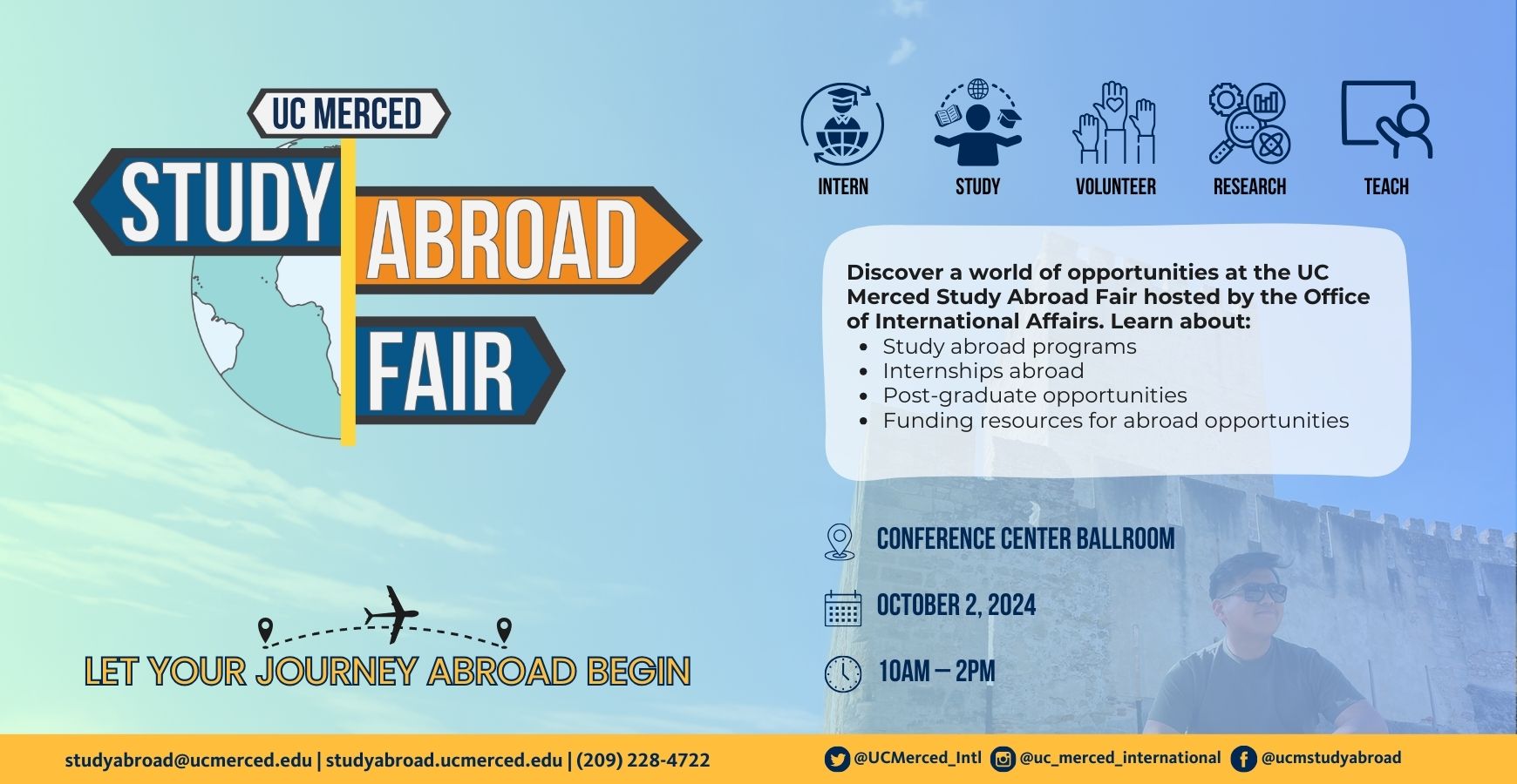 UC Merced Study Abroad Fair Flyer with event details including Conference Center Ballroom location, 10AM-2PM, October 2