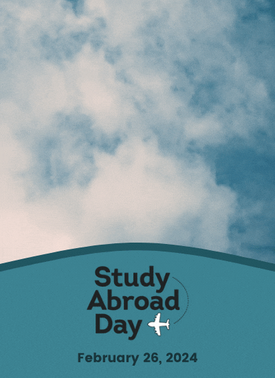 Animated Study Abroad Day 2024 logo with an airplane flying from left to right